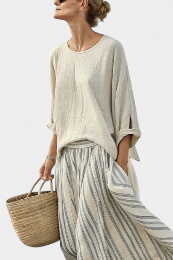 Aurora — Comfortable Blouse and Striped Midi Skirt