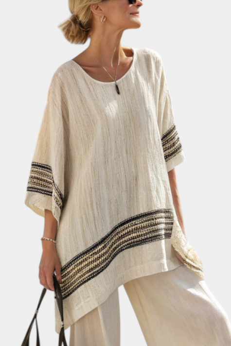 Mariella — Elegant Top with Black Stripes and Flowing Trousers