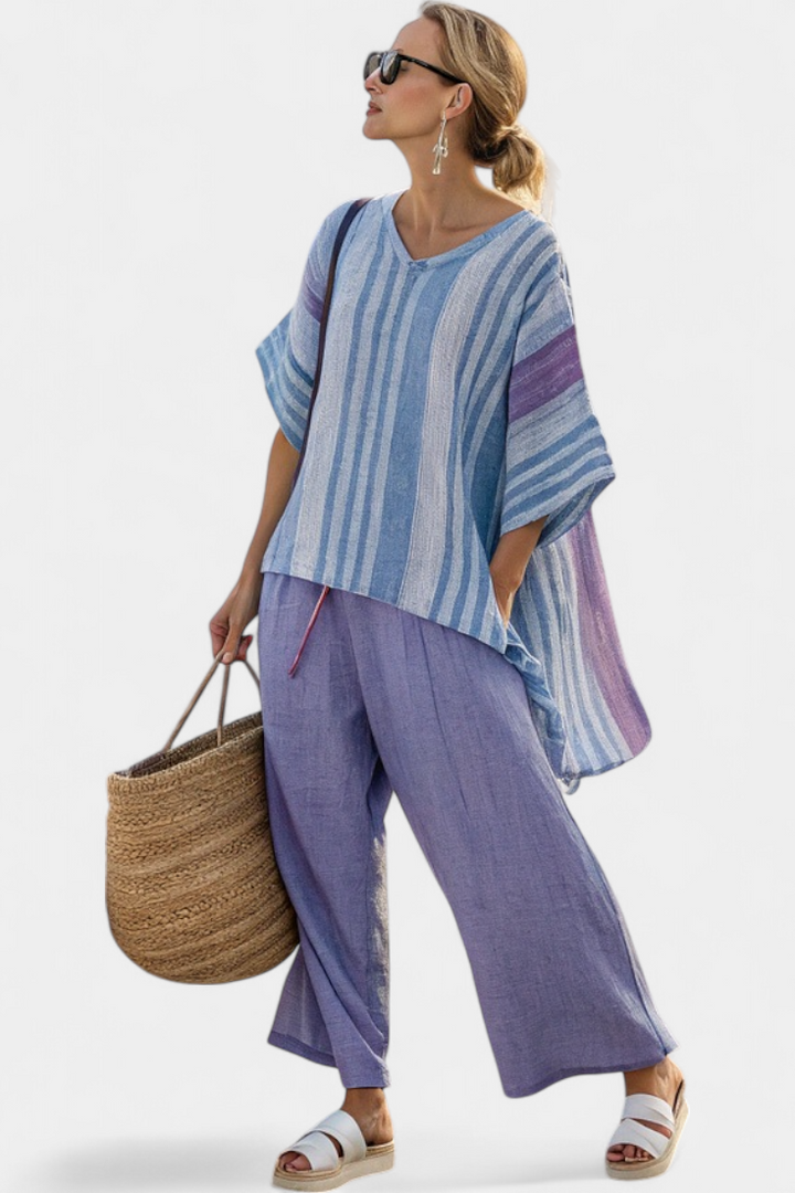 Carlotta – Elegant Top in Lavender and Sky Blue with Trousers