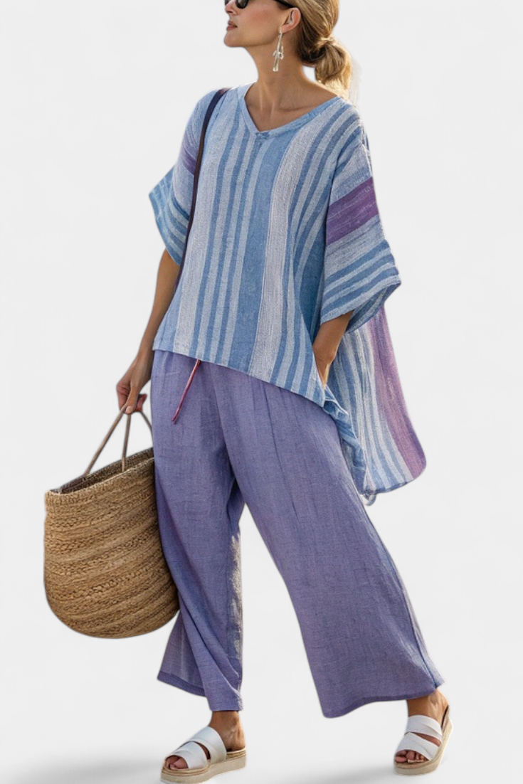 Carlotta – Elegant Top in Lavender and Sky Blue with Trousers