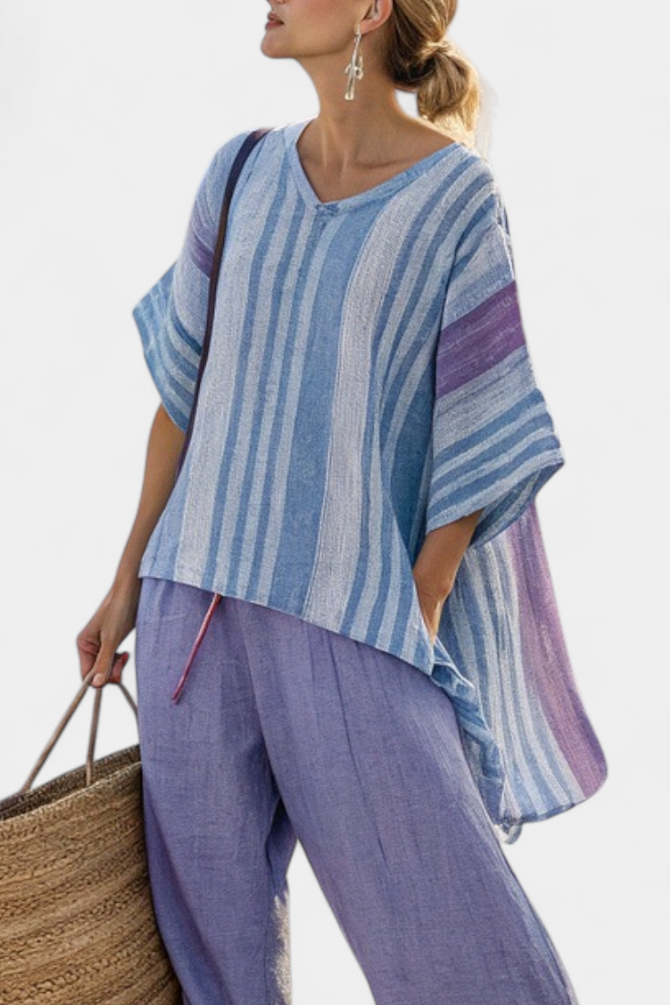 Carlotta – Elegant Top in Lavender and Sky Blue with Trousers