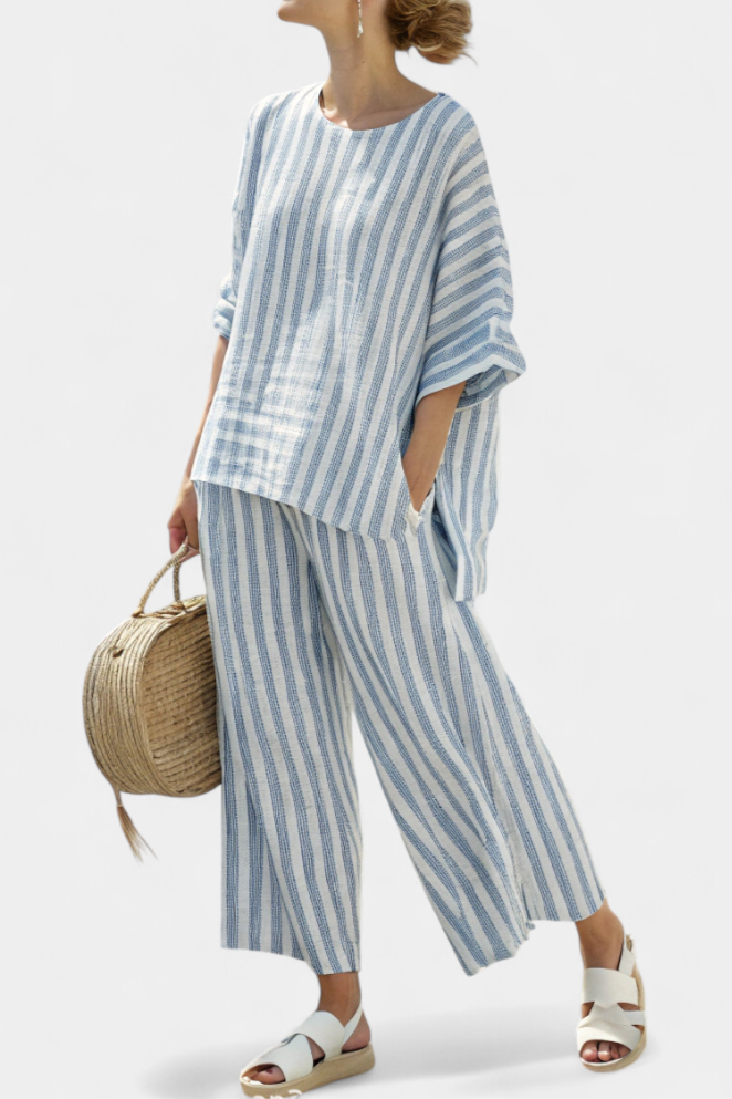 Federica — Sophisticated Top with Blue Stripes and Casual Trousers