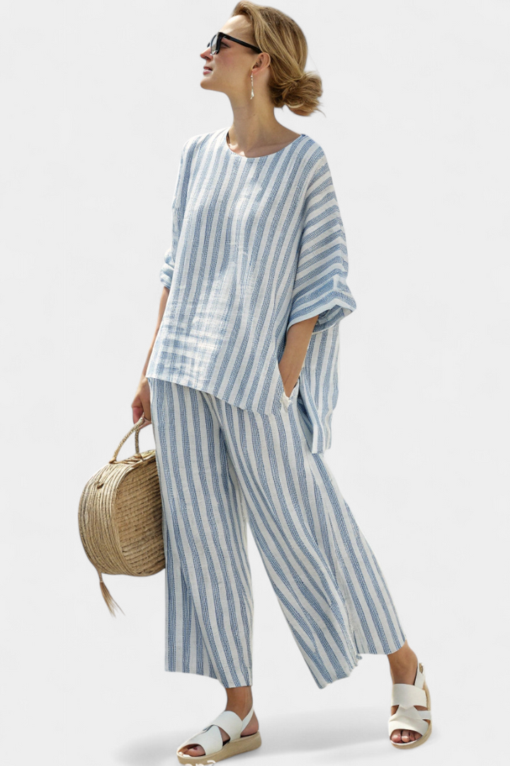 Federica — Sophisticated Top with Blue Stripes and Casual Trousers