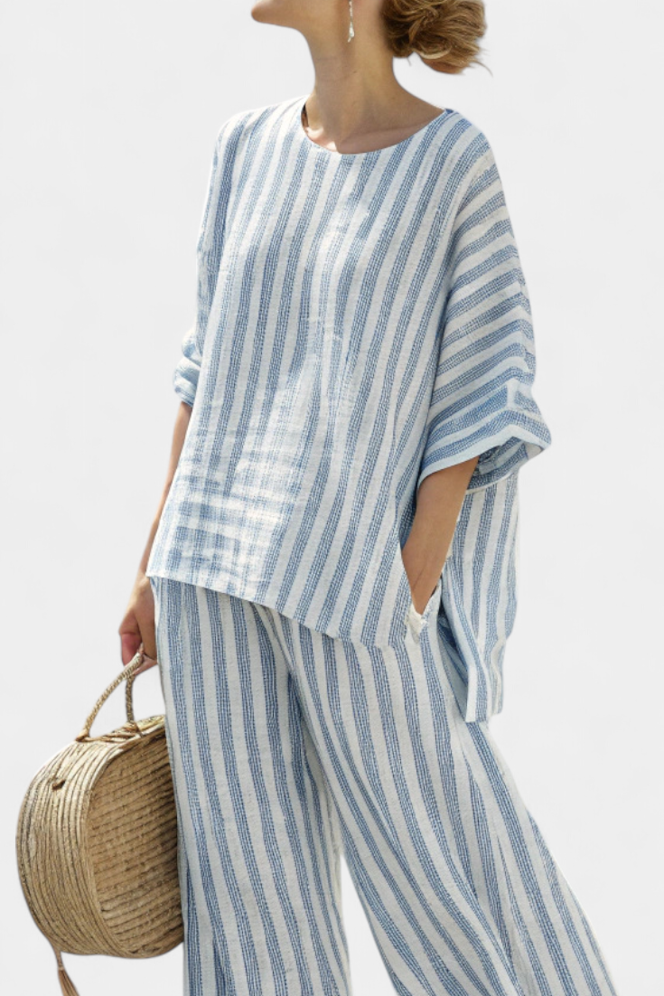 Federica — Sophisticated Top with Blue Stripes and Casual Trousers