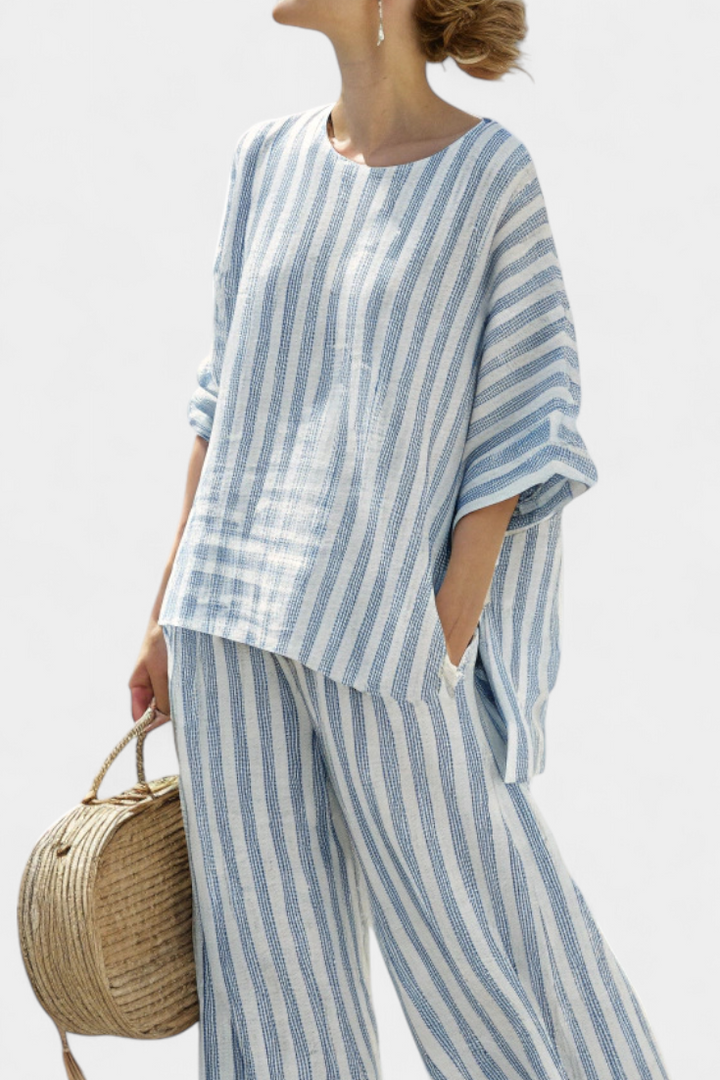 Federica — Sophisticated Top with Blue Stripes and Casual Trousers