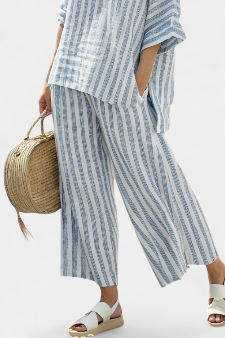 Federica — Sophisticated Top with Blue Stripes and Casual Trousers