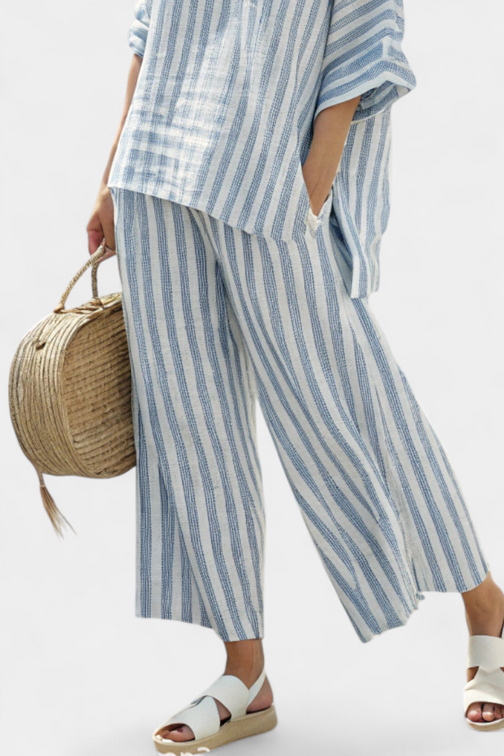 Federica — Sophisticated Top with Blue Stripes and Casual Trousers