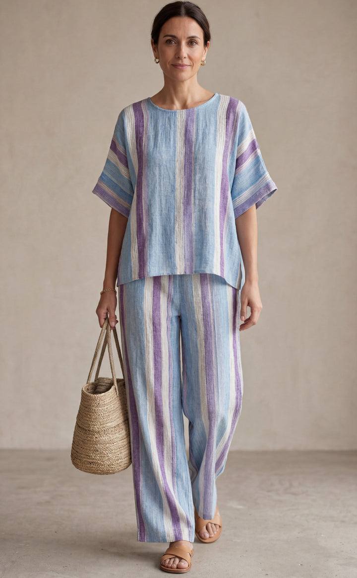 Ginevra — Elegant top in pastel mauve and striped linen trousers