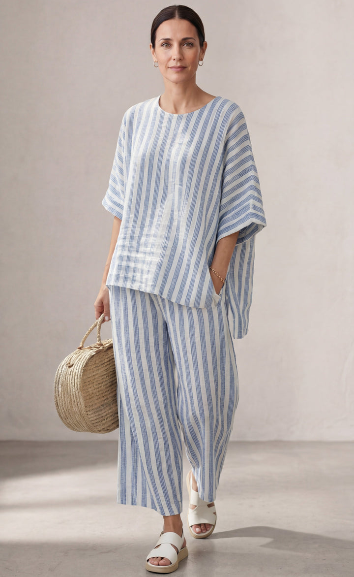 Federica — Sophisticated Top with Blue Stripes and Casual Trousers
