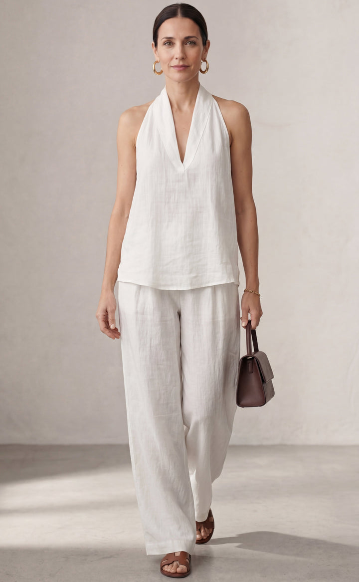 Suit with V-Neck and Flowing Trousers