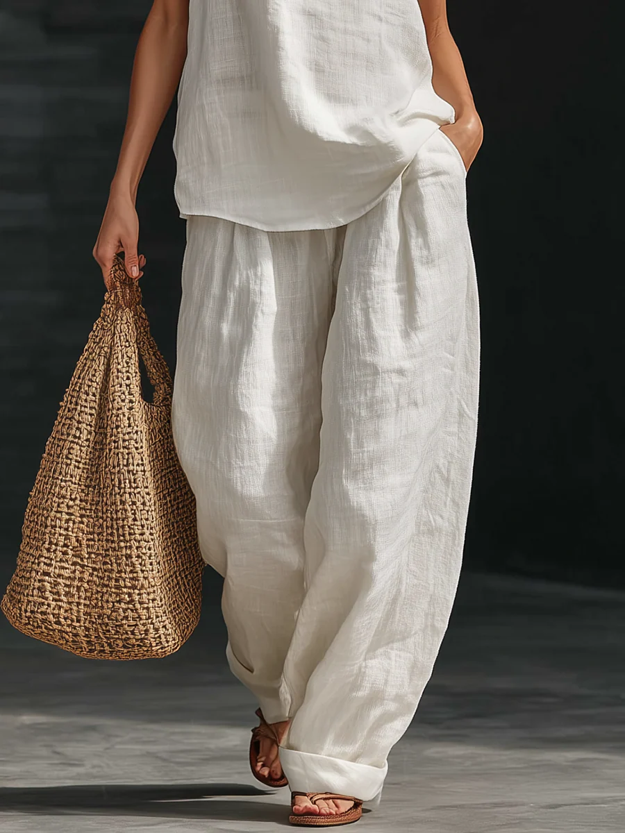 Suit with V-Neck and Flowing Trousers