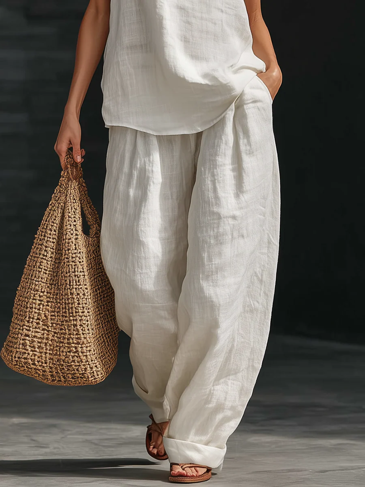 Suit with V-Neck and Flowing Trousers