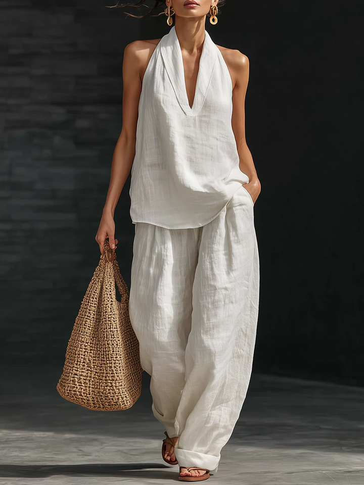 Suit with V-Neck and Flowing Trousers