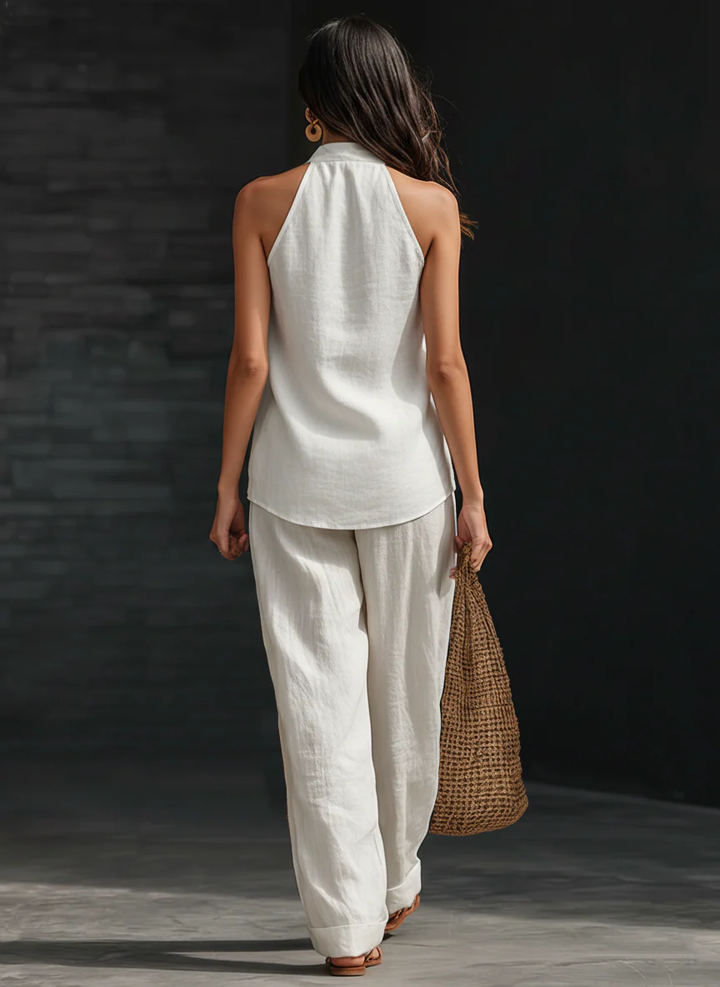 Suit with V-Neck and Flowing Trousers