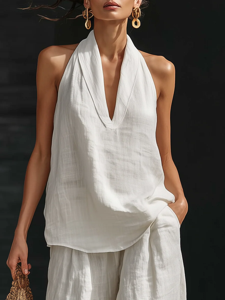 Suit with V-Neck and Flowing Trousers