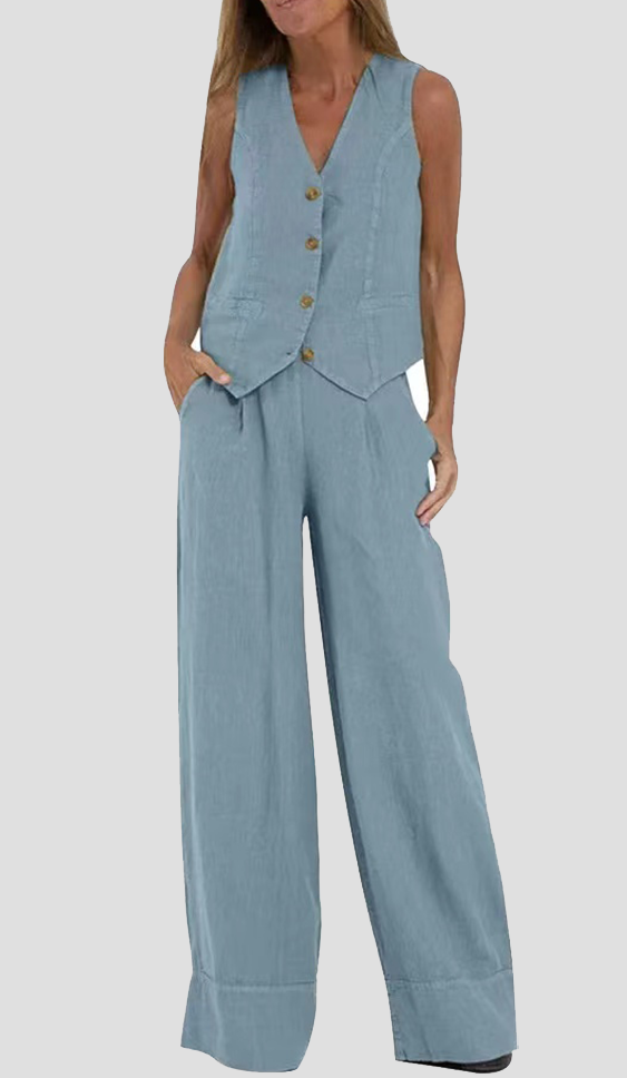 Aira – Elegant Two-Piece Set with Waistcoat and Wide-Leg Trousers