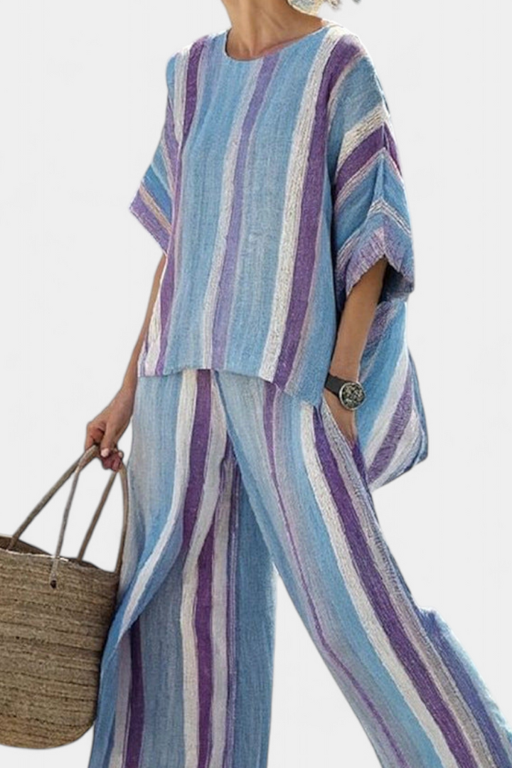 Ginevra — Elegant top in pastel mauve and striped linen trousers