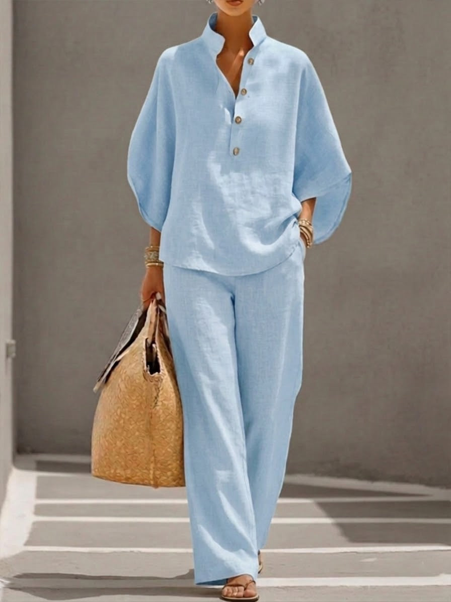 Mariel | Two-Piece Linen Effect Set with Batwing Sleeves and Flowing Trousers