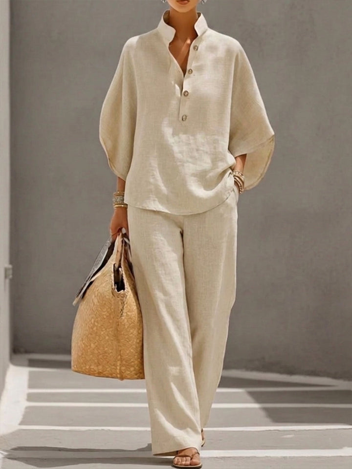 Mariel | Two-Piece Linen Effect Set with Batwing Sleeves and Flowing Trousers